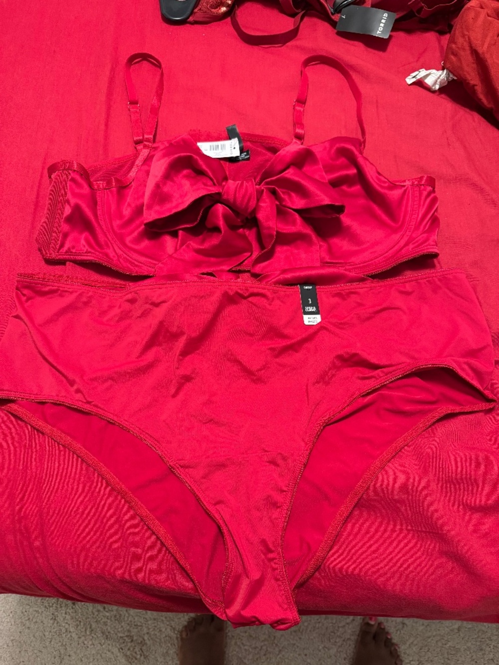 Red Satin Bow Unlined Bralette and Cut Out Cheeky